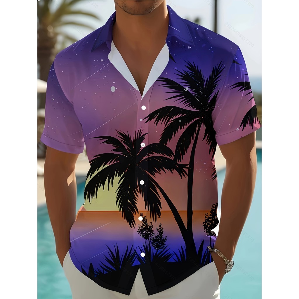 Beach Sunset Pattern D Printed Men S Fashion Short Sleeve Button Up