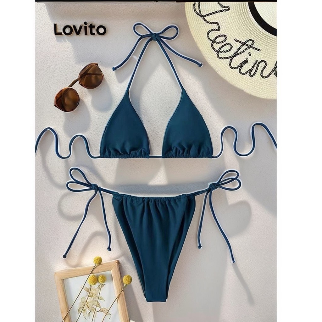 Lovito Women Casual Plain Tie Back Bikini Sets LNA59459 Shopee