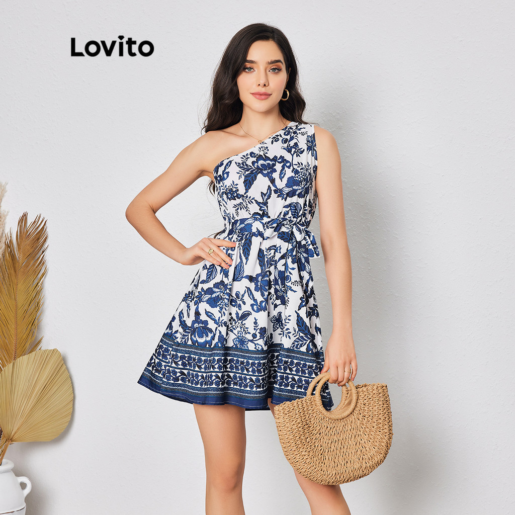 Lovito Women Boho Paisley Asymmetrical Lace Up Contrast Collar Dress