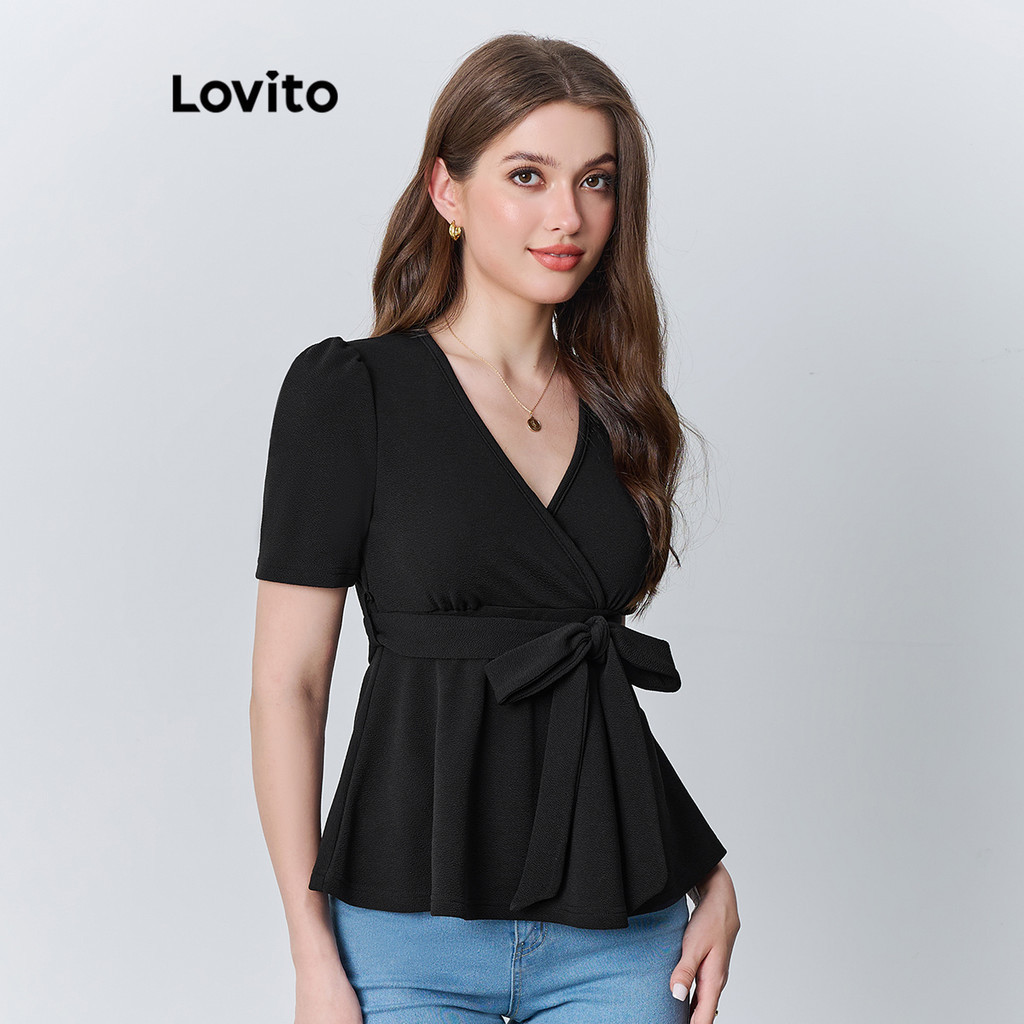 Lovito Women Casual Plain Plicated Belted Blouse L87ED276 Shopee