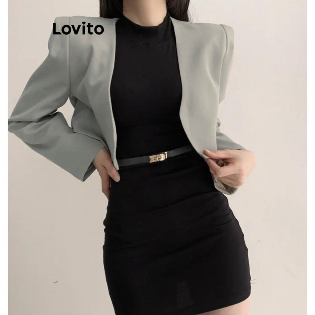 Lovito Women Casual Plain Button Shoulder Pads Blazer Lna Shopee