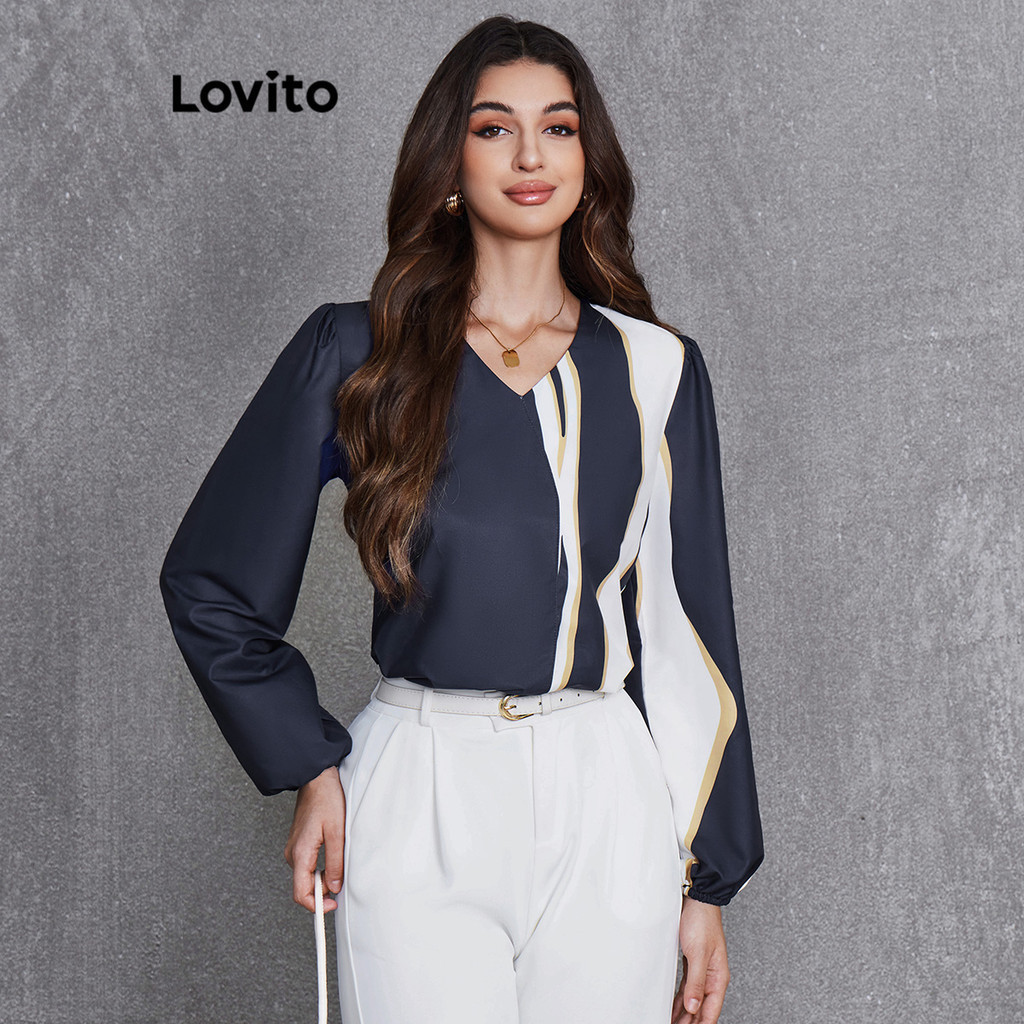 Lovito Women Casual Geometric Asymmetrical Blouse Lbl Shopee