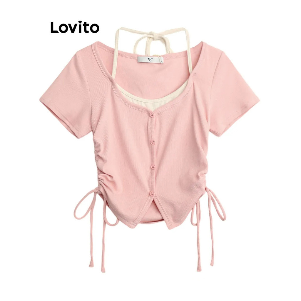 Lovito Women Casual Plain Fake 2 In 1 Drawstring Fabric Stitching T