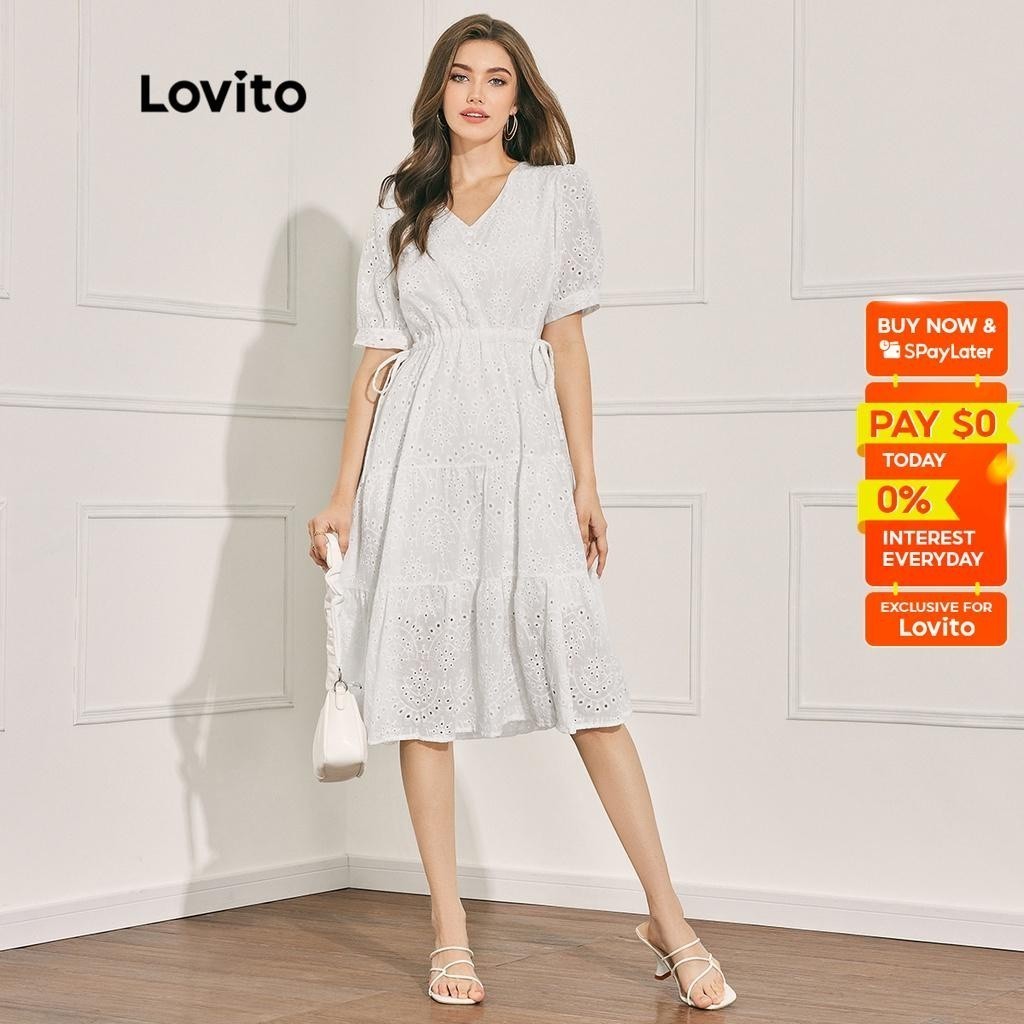 Lovito Casual Plain Button Front Embroidery Ruffle Hem Puff Sleeve