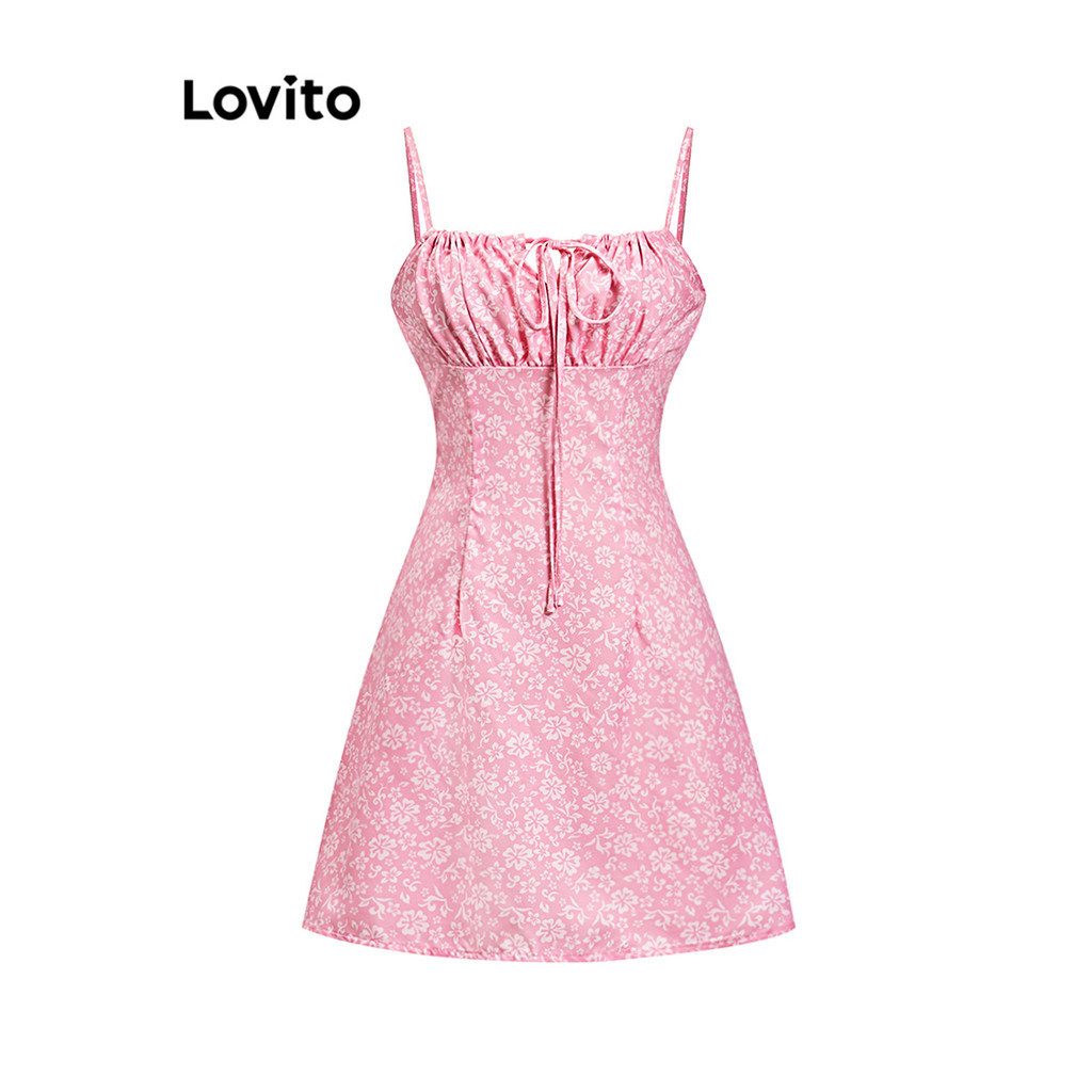 Lovito Women Romantic Ditsy Floral Lace Up Tie Front Pleated Dress