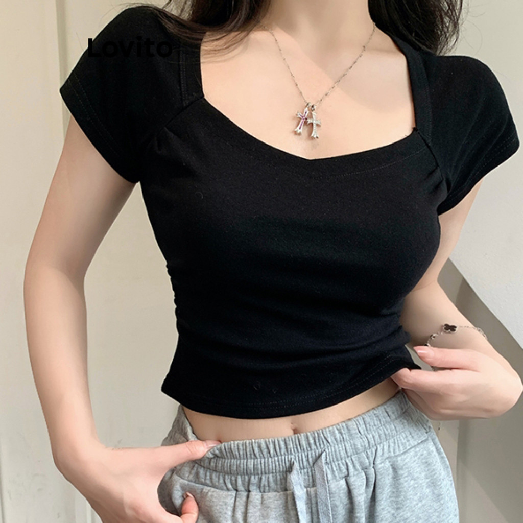 Lovito Women Casual Plain Structure Line T Shirt Lne Shopee