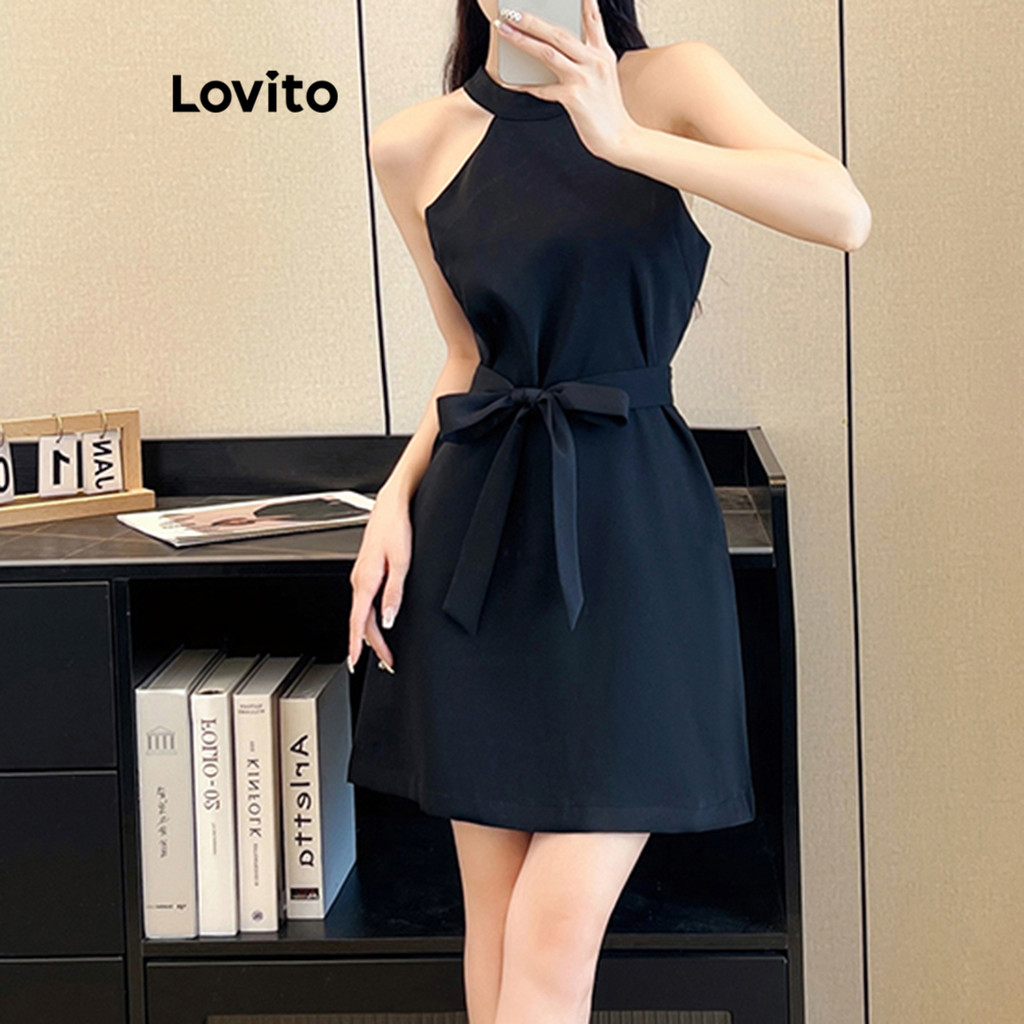 Lovito Women Casual Plain Tie Front Zipper Cold Shoulder Dress Lne