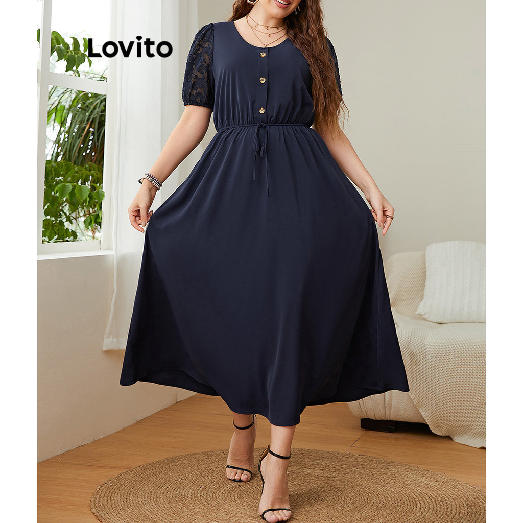 Lovito Plus Size Curve Women Elegant Plain Fabric Stitching Button