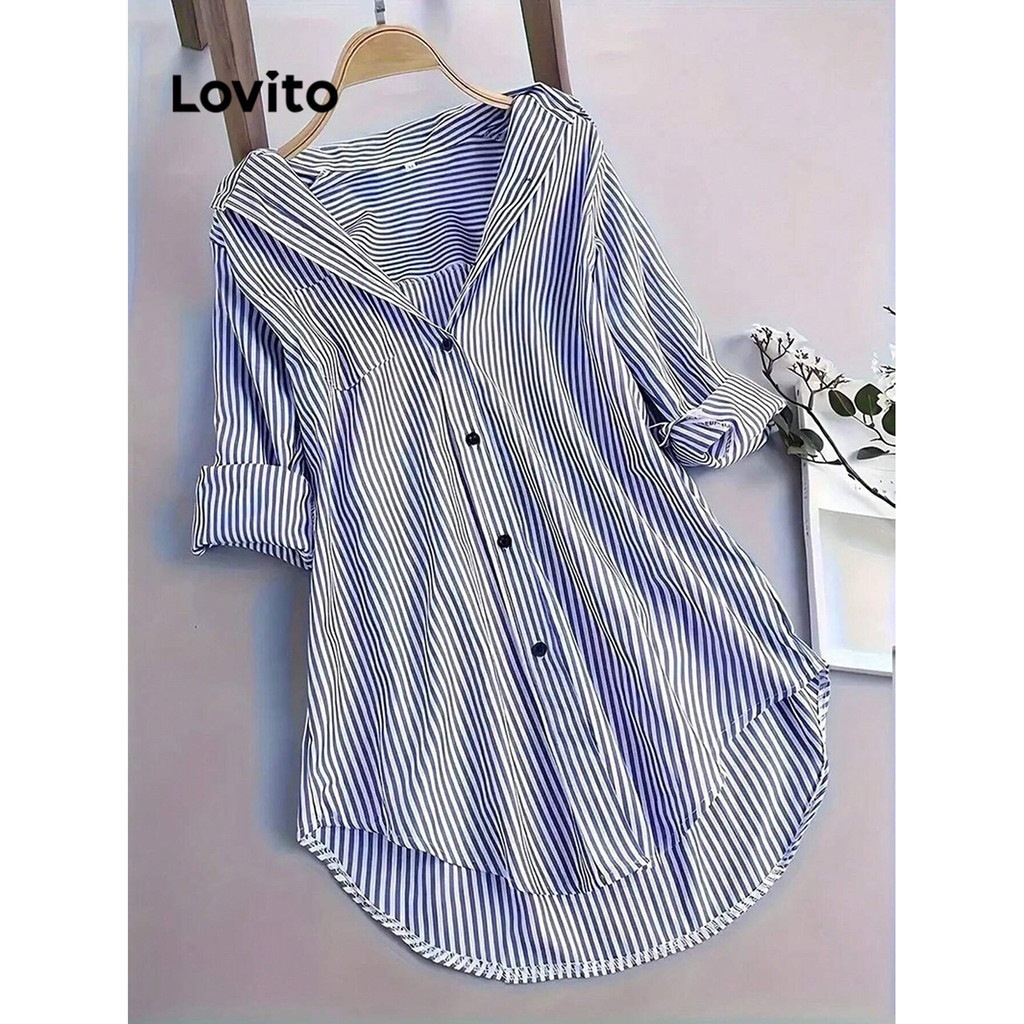 Lovito Women Casual Striped Button Front Pattern Blouse Lbl