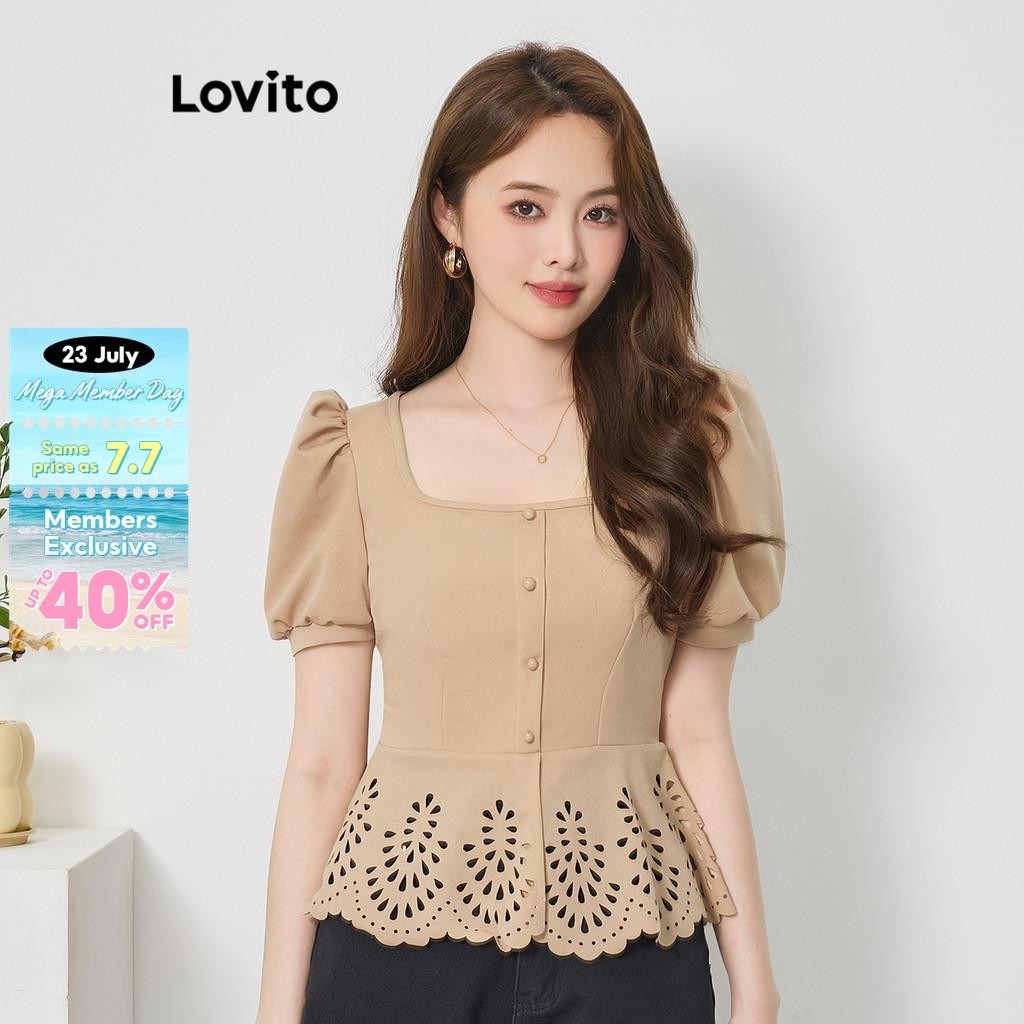 Lovito Elegant Plain Eyelet Embroidery Button Front Blouse For Women