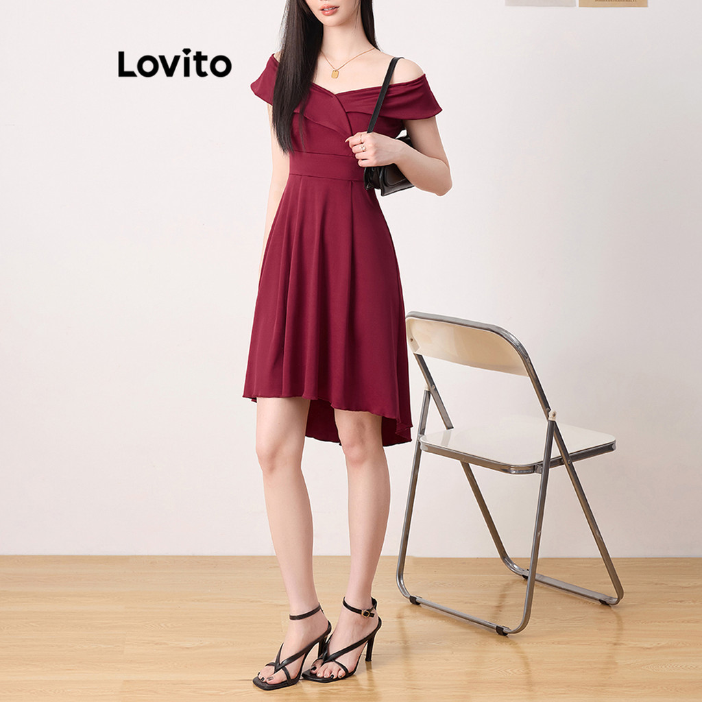 Lovito Women Elegant Plain Cold Shoulder Dress L104ED077 Shopee