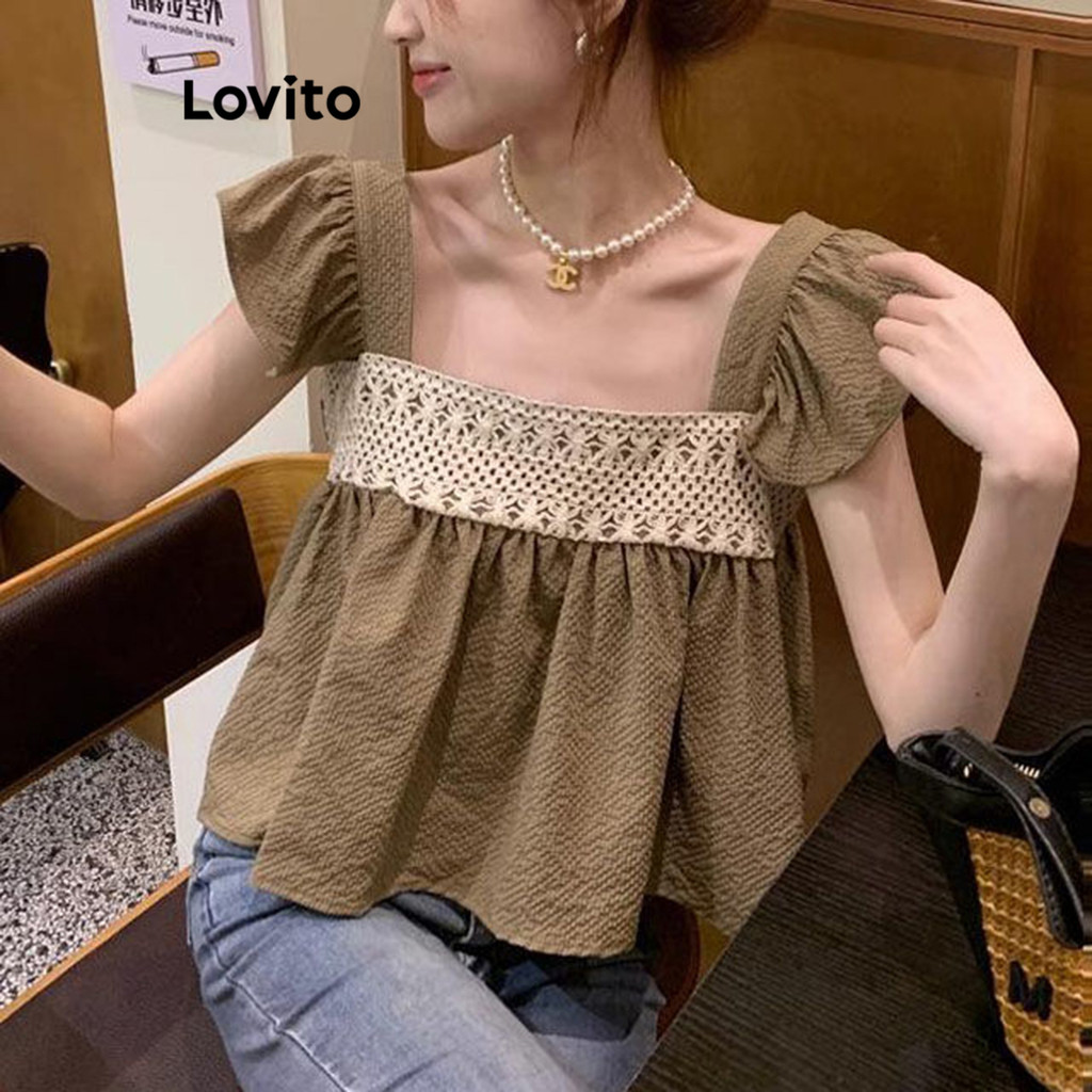 Lovito Women Casual Plain Colorblock Lace Ruffle Blouse Lne