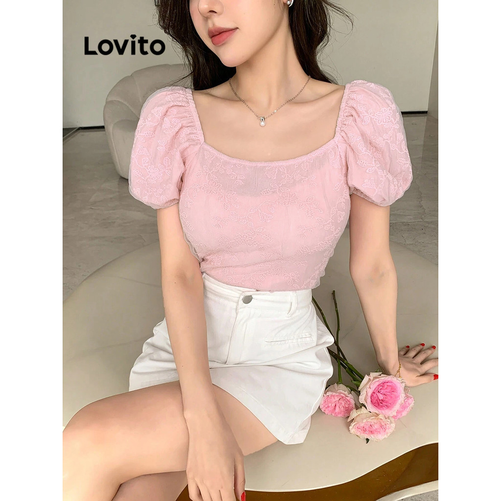 Lovito Women Elegant Floral Structure Line Jacquard Blouse L Ed