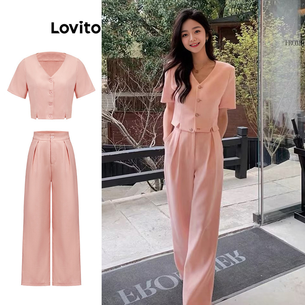 Lovito Women Elegant Plain Split Front Button Pants Sets L Ad