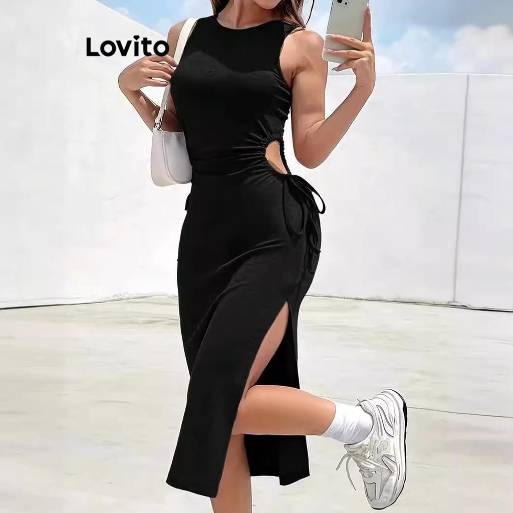 Lovito Women Elegant Plain Drawstring Split Dress LNL67136 Shopee