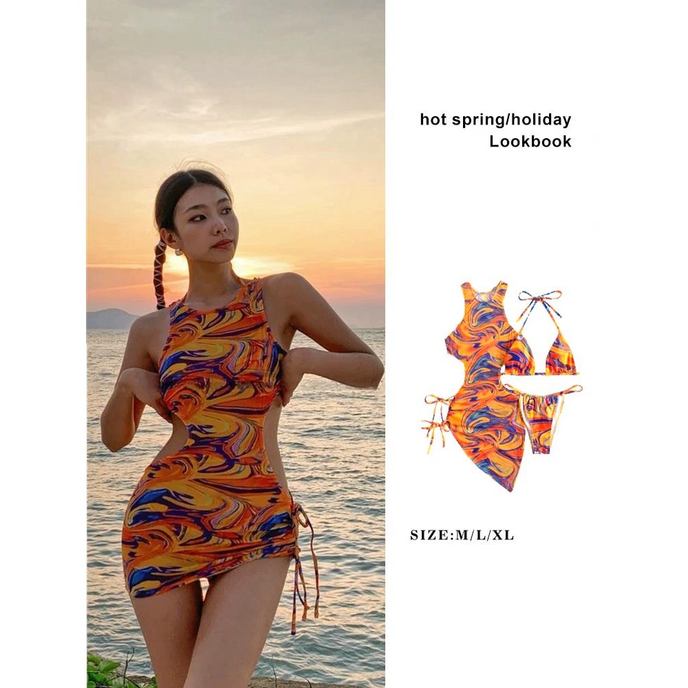 Wind Swimsuit Laced Up Hollow Female Printed Drawstring Bikini Swimsuit