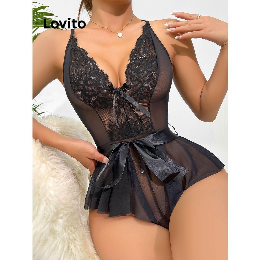 Lovito Women Sexy Plain Lace Bow Front Sexy Lingerie Lnl Shopee