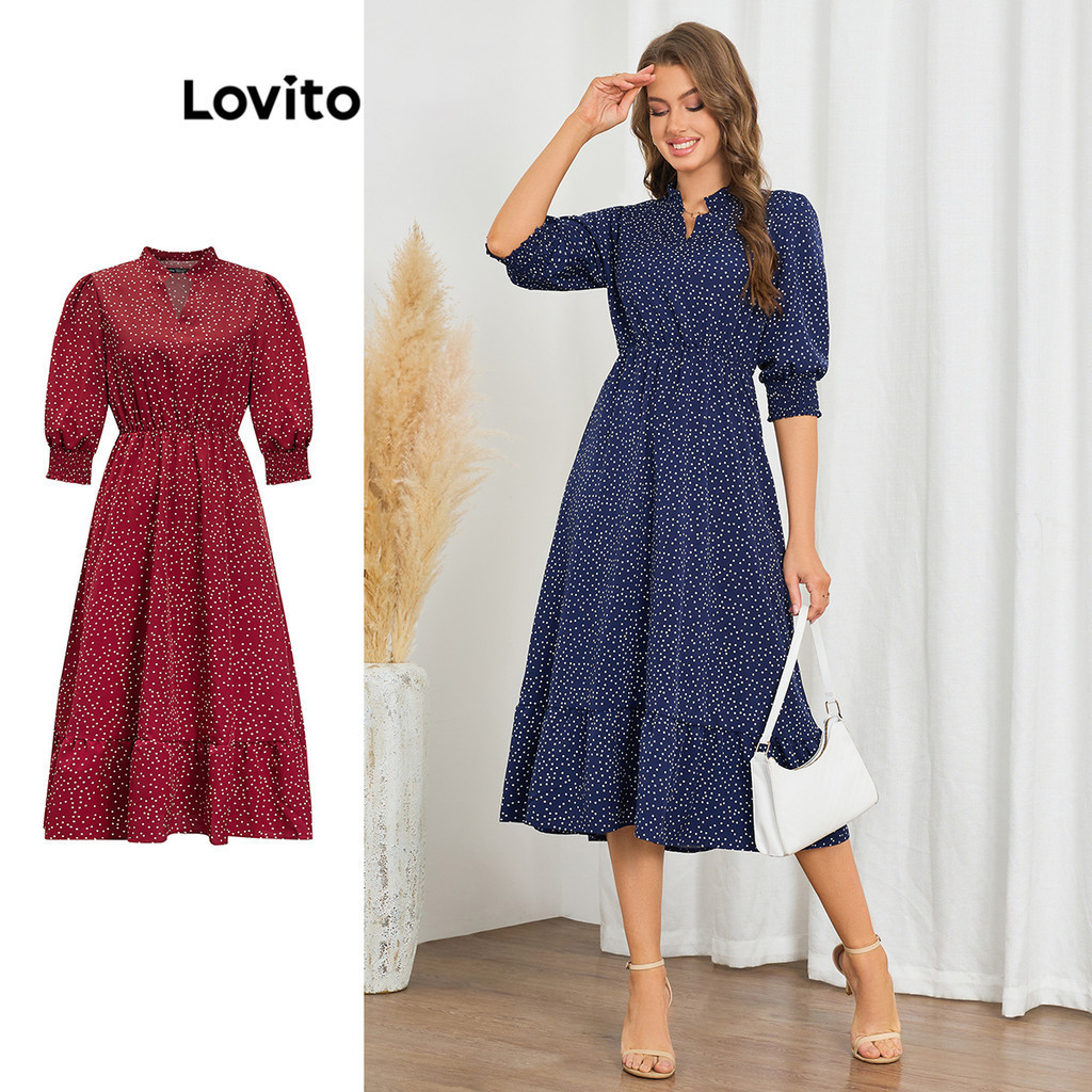 Lovito Women Casual Polka Dot Smocked Frill Puff Sleeve Dress LBL20246