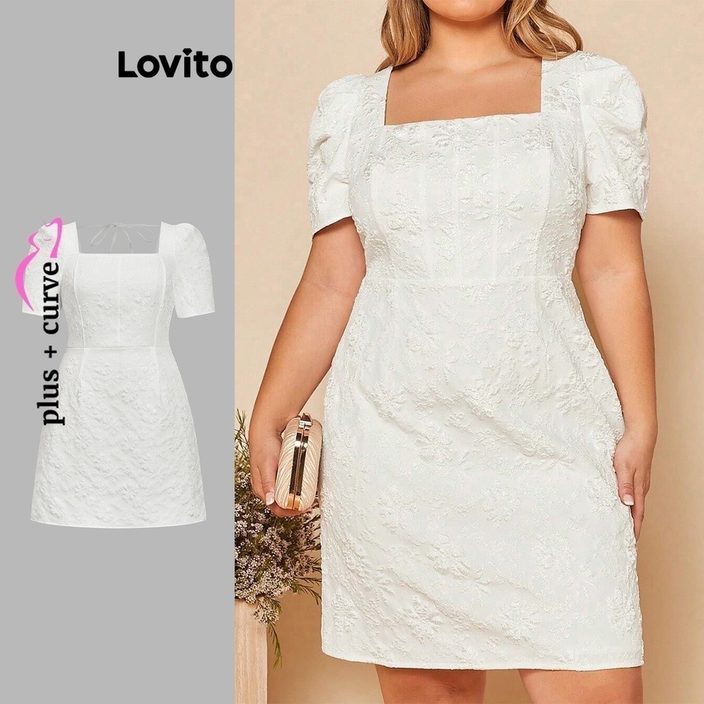 Lovito Women Elegant Plain Jacquard Tie Back Fabric Stitching Plus Size