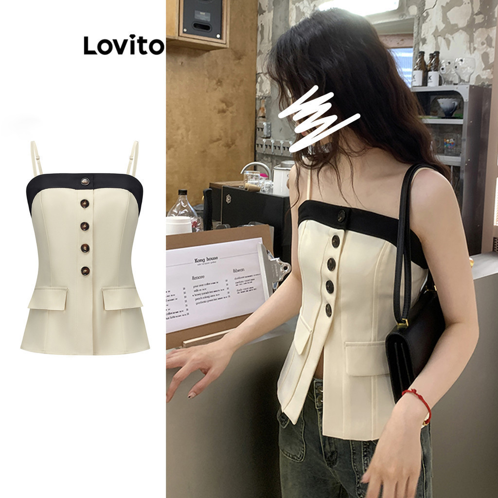 Lovito Women Casual Plain Colorblock Button Fake Pocket Tank Top