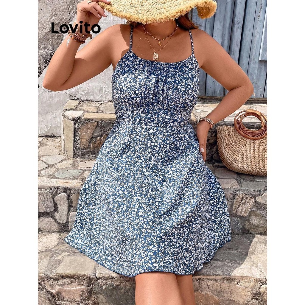 Lovito Plus Size Curve Women Boho Ditsy Floral Pleated Plus Size Dress