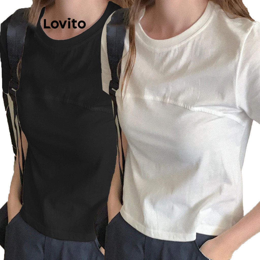 Lovito Women Casual Plain Structure Line Basic Crop T Shirt L Ed