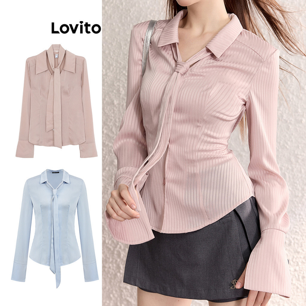 Lovito Women Casual Striped Button Front Fake Pocket Letter Blouse