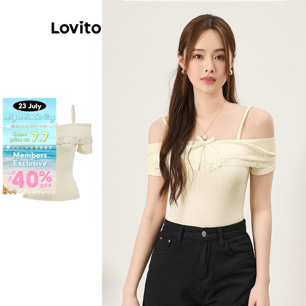 Lovito Women Casual Striped Lace Bow Fabric Stitching T Shirt L86ED321