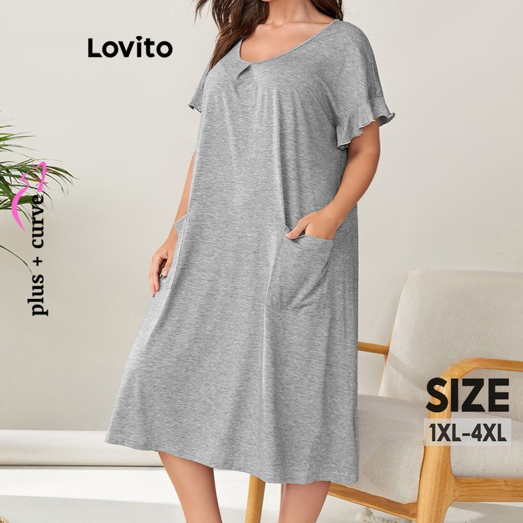 Lovito Women Plus Size Curve Casual Plain Ruffle Pocket Sleep Dress