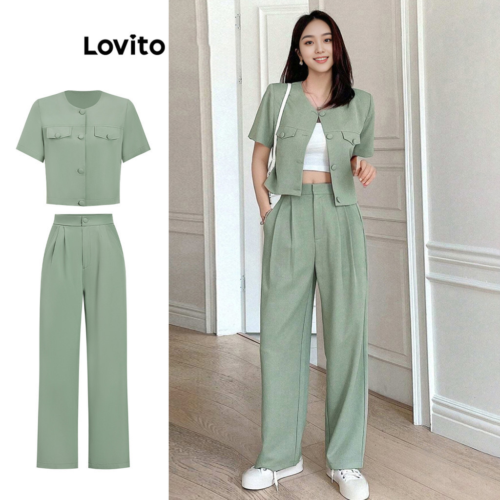 Lovito Women Casual Plain Button Tops Or Bottoms Top Or Bottom L95ED403