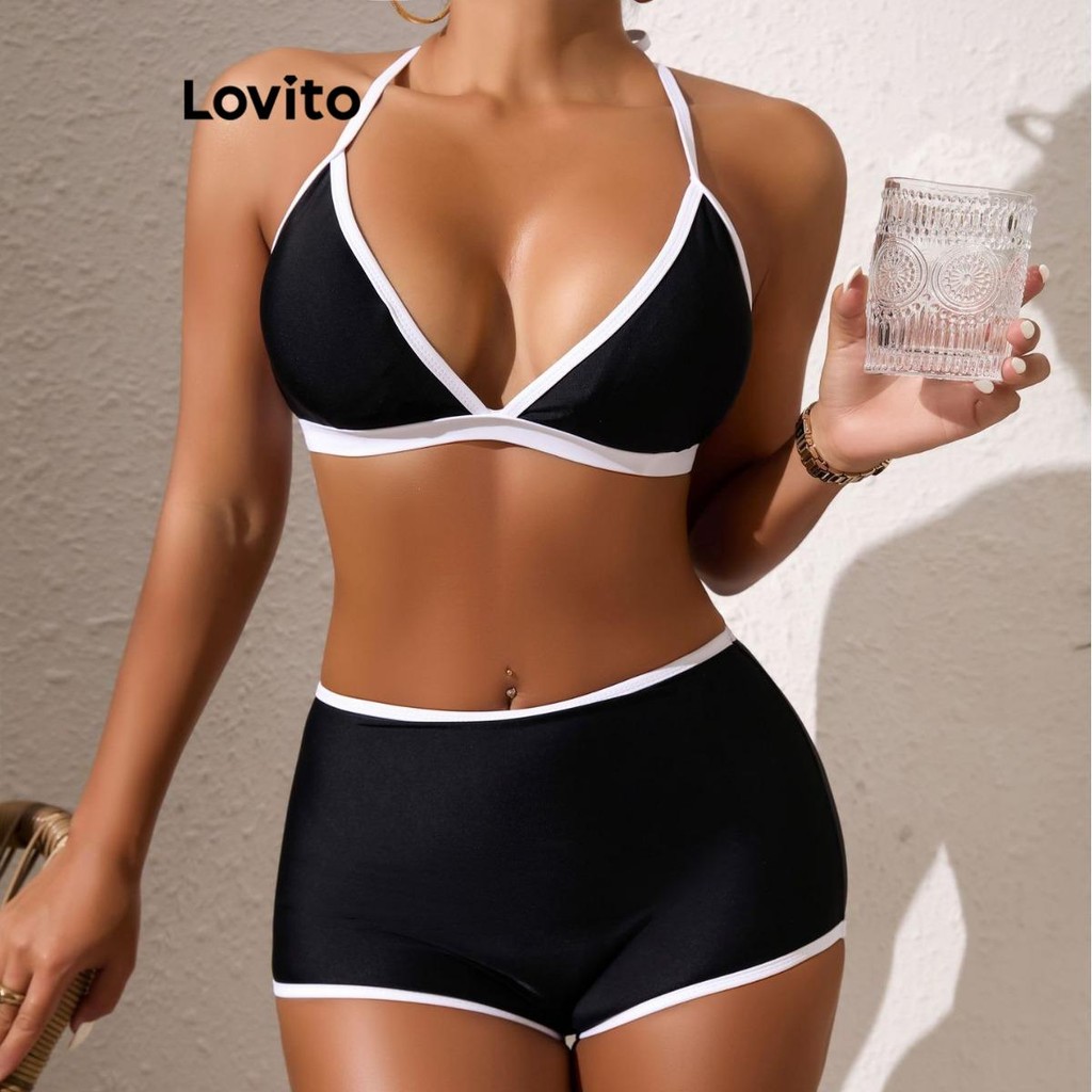 Lovito Women Sexy Plain Colorblock Bikini Sets LNL79129 Shopee