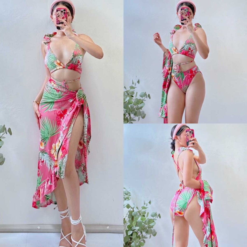 Sunny Co Summer Beach Sexy Split Skirt Three Piece 3in1 Bikini Swimsuit Swimwear Shopee