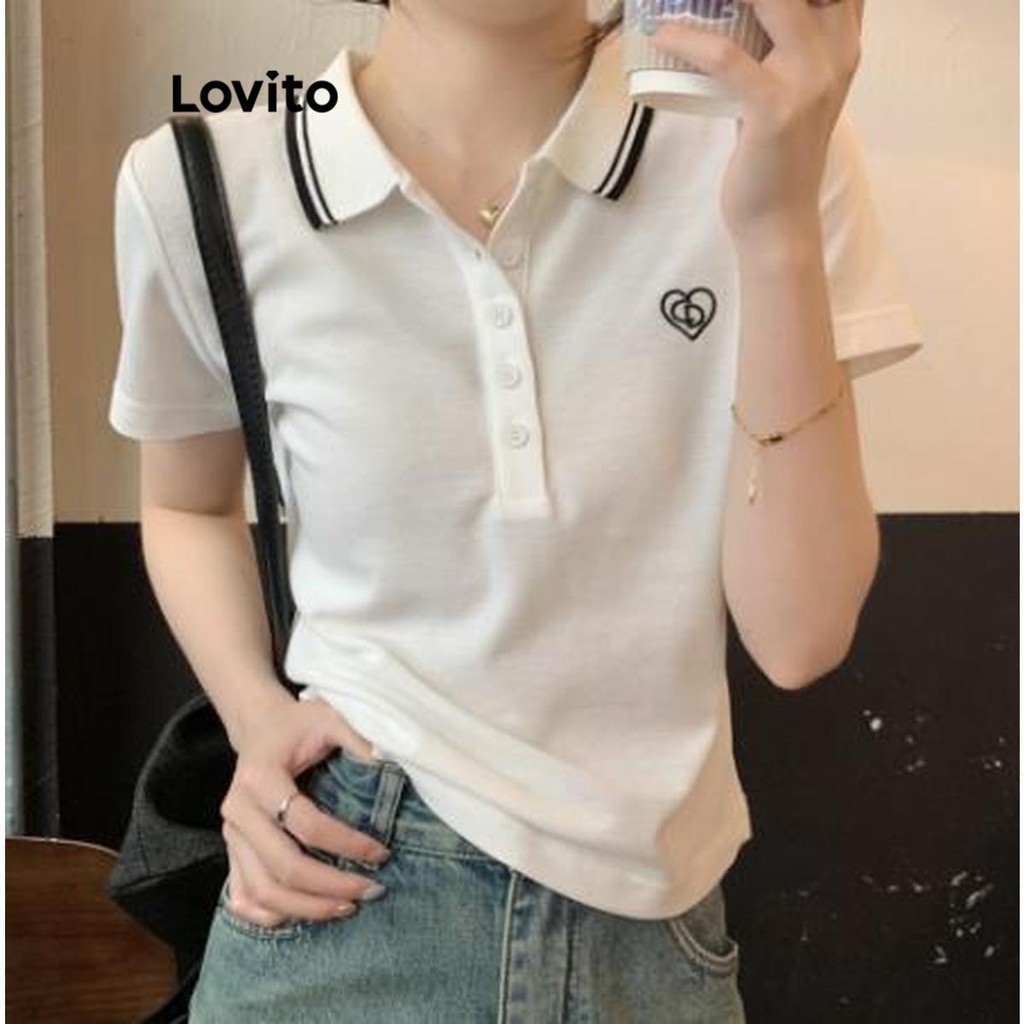 Lovito Women Casual Plain Contrast Binding Embroidery Button T Shirt