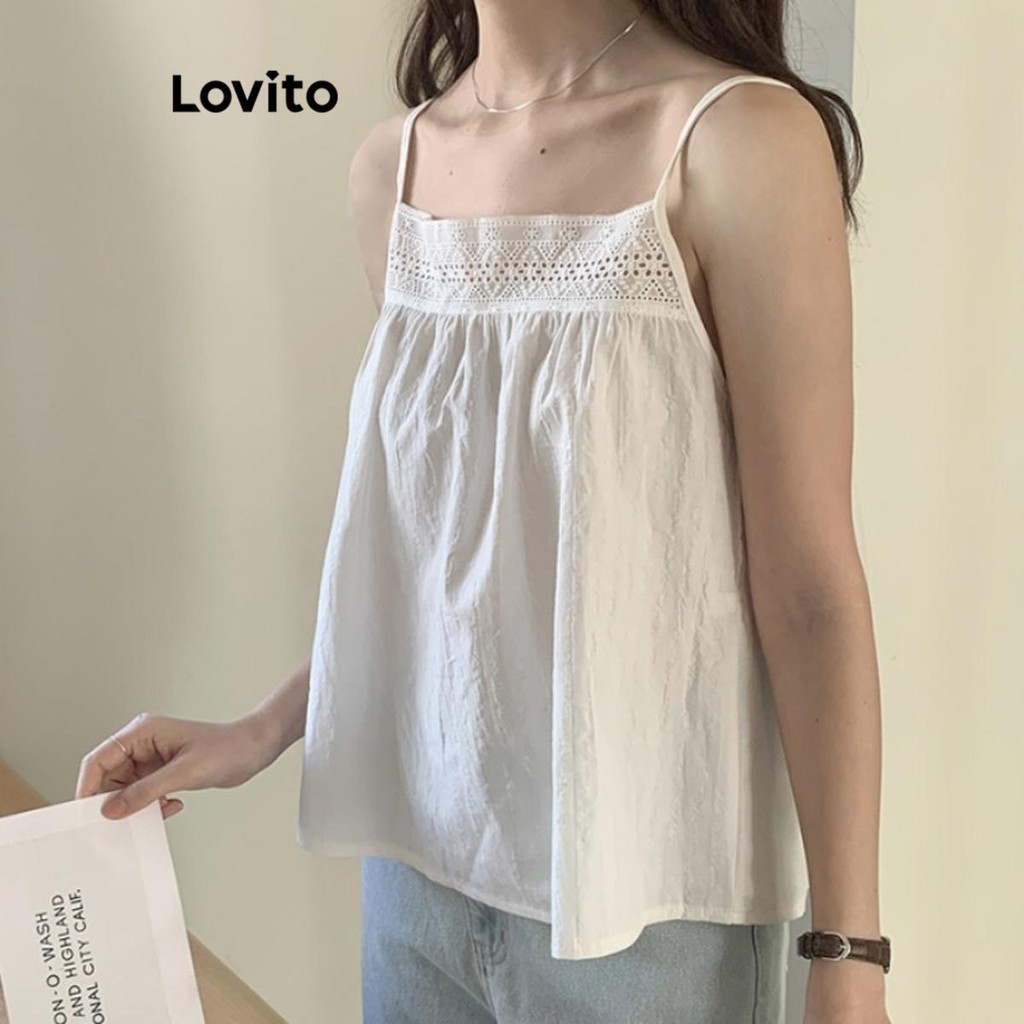 Lovito Women Casual Plain Eyelet Embroidery Cold Shoulder Fabric