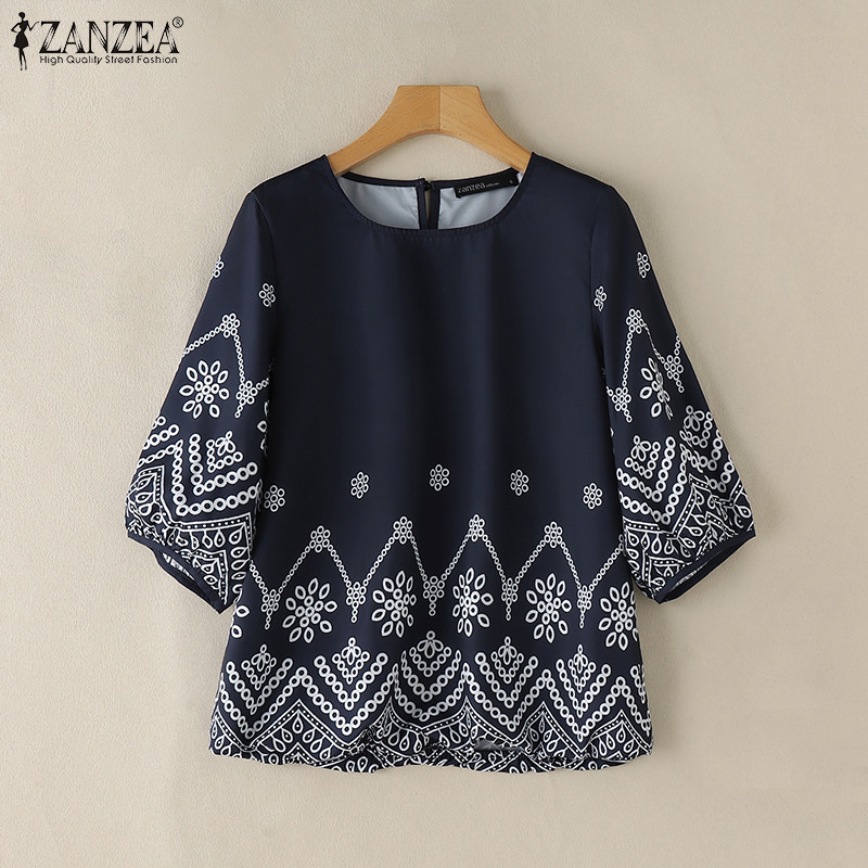 ZANZEA Women Korean Fashion Printing Lantern Sleeve Buttons Blouses