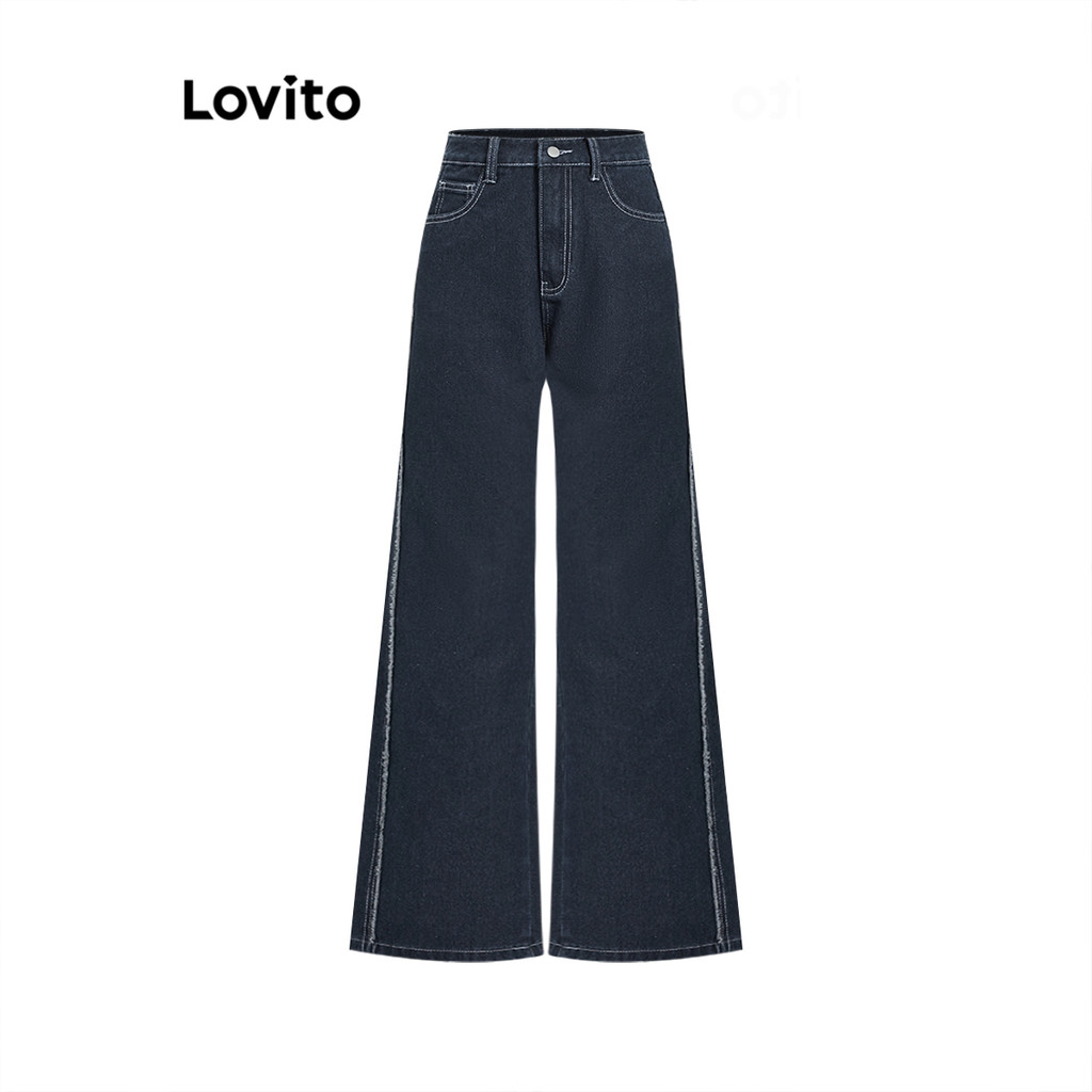 Lovito Women Casual Plain Raw Wash Washed Structure Line Jean L Ad