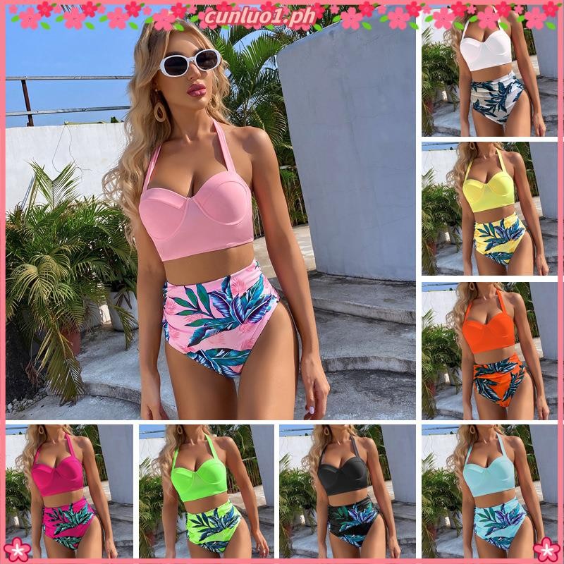 Padded Underwire Beach Bikini Set Two Piece Halter Bra Leaf Print High