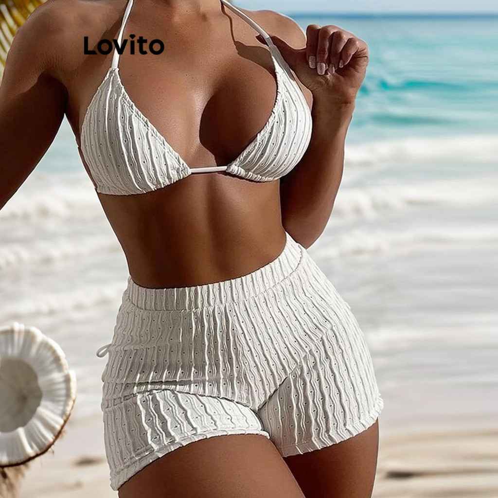 Lovito Women Casual Plain Lace Up Backless Bikini Sets LNL41040