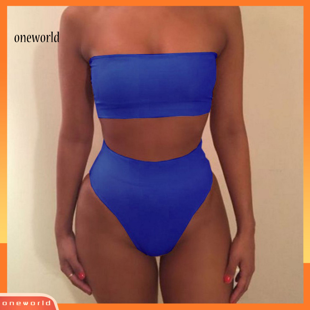 Oneworld 2 Pcs Set Bikini Set Solid Color Elastic High Waist Strapless Summer Lady Swimsuit For