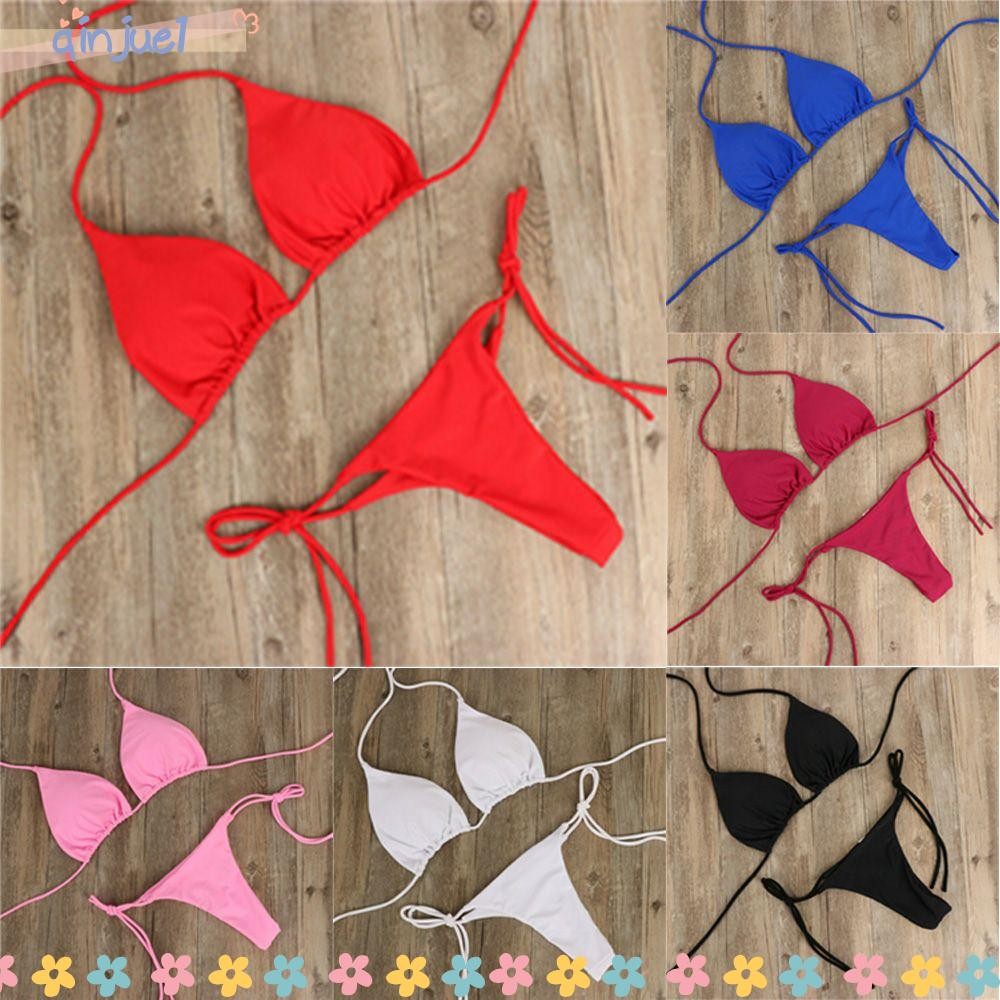 QINJUE Bikini Set Solid Color Woman G String Thong Side Tie Split Sexy