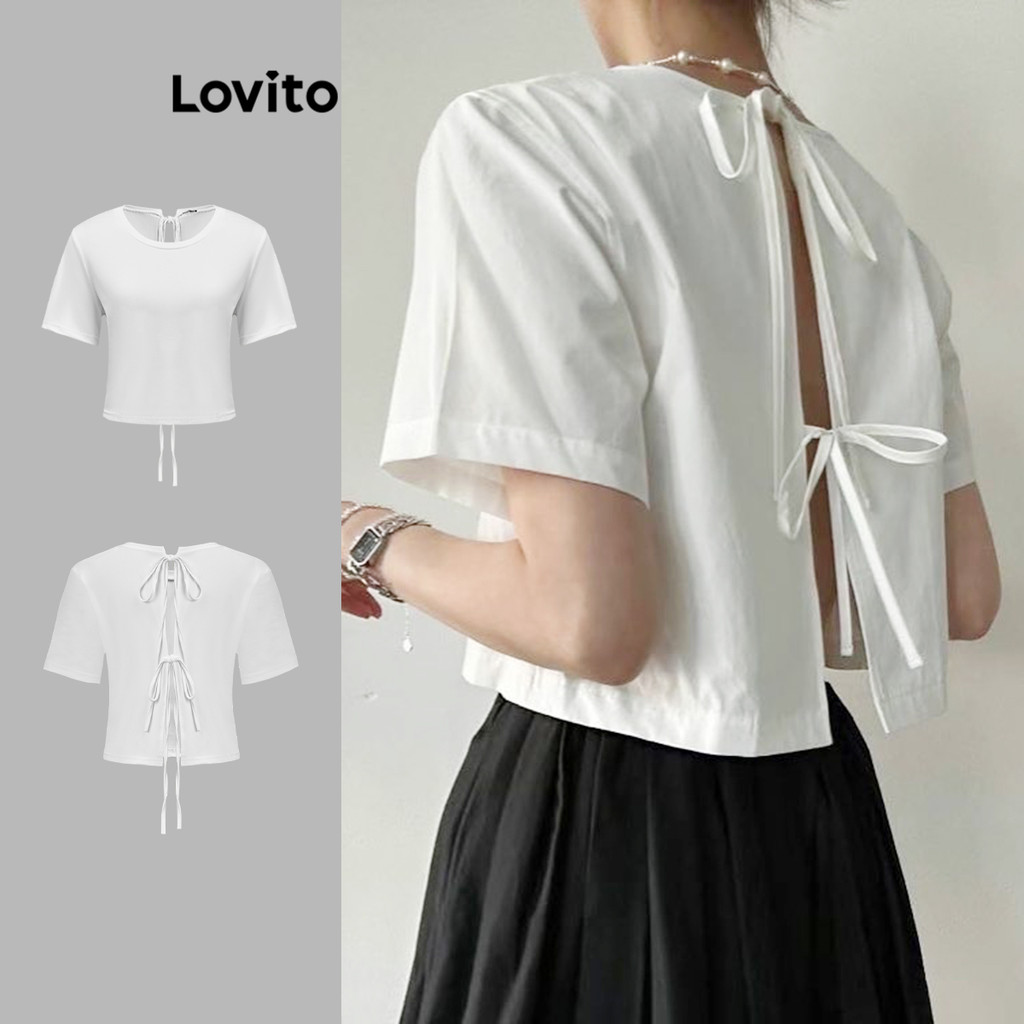 Lovito Women Casual Plain Tie Back Cut Out T Shirt L109MD621 Shopee