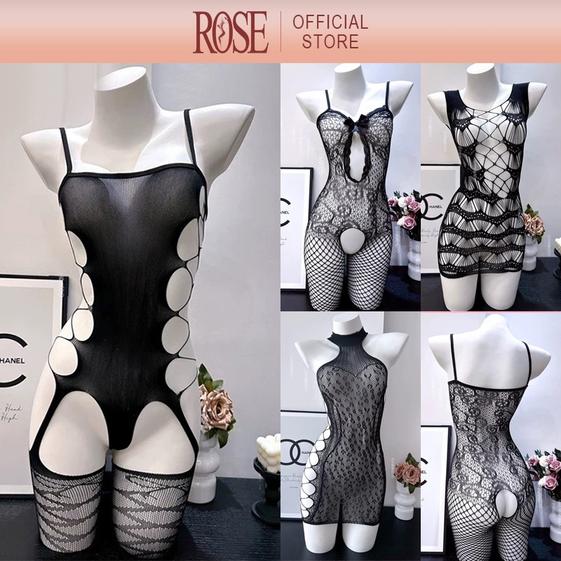 Rose Sexy Lingerie Fishnet Open Crotch Bodysuit Stockings Nighties