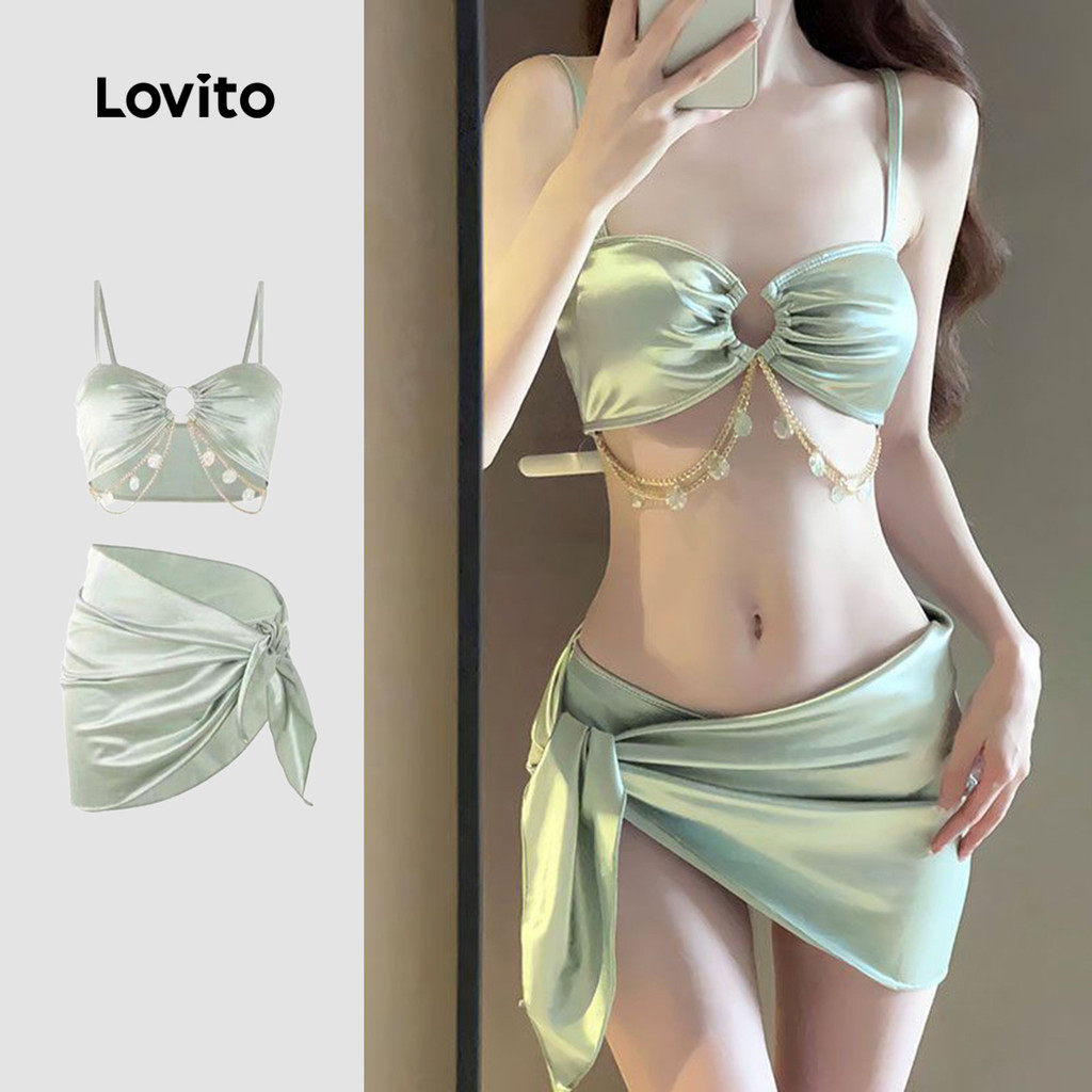 Lovito Women Casual Plain Metal Buckle Bikini Sets LNA102015 Shopee