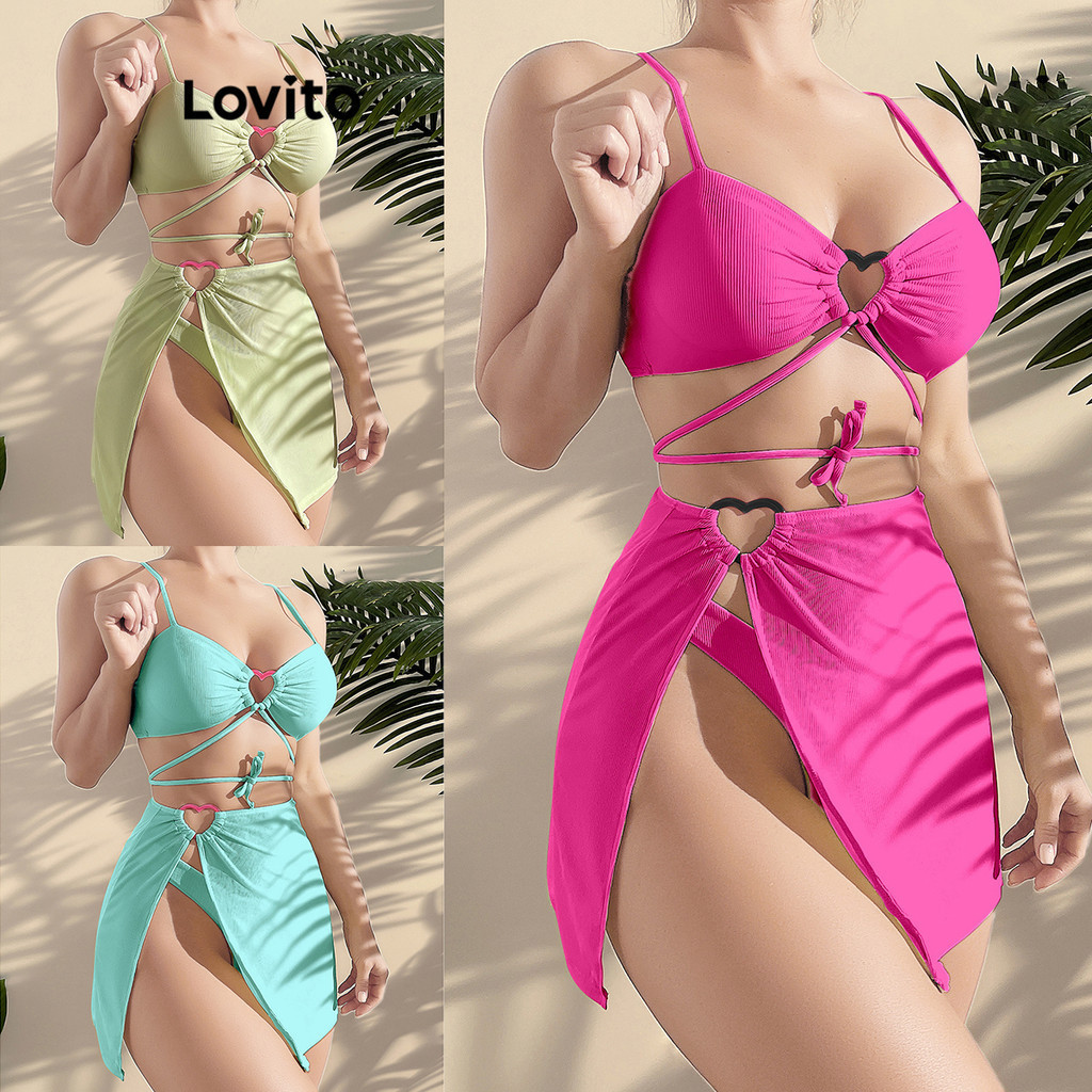 Lovito Women Sexy Plain Heart Lace Up Bikini Sets Lnl Shopee