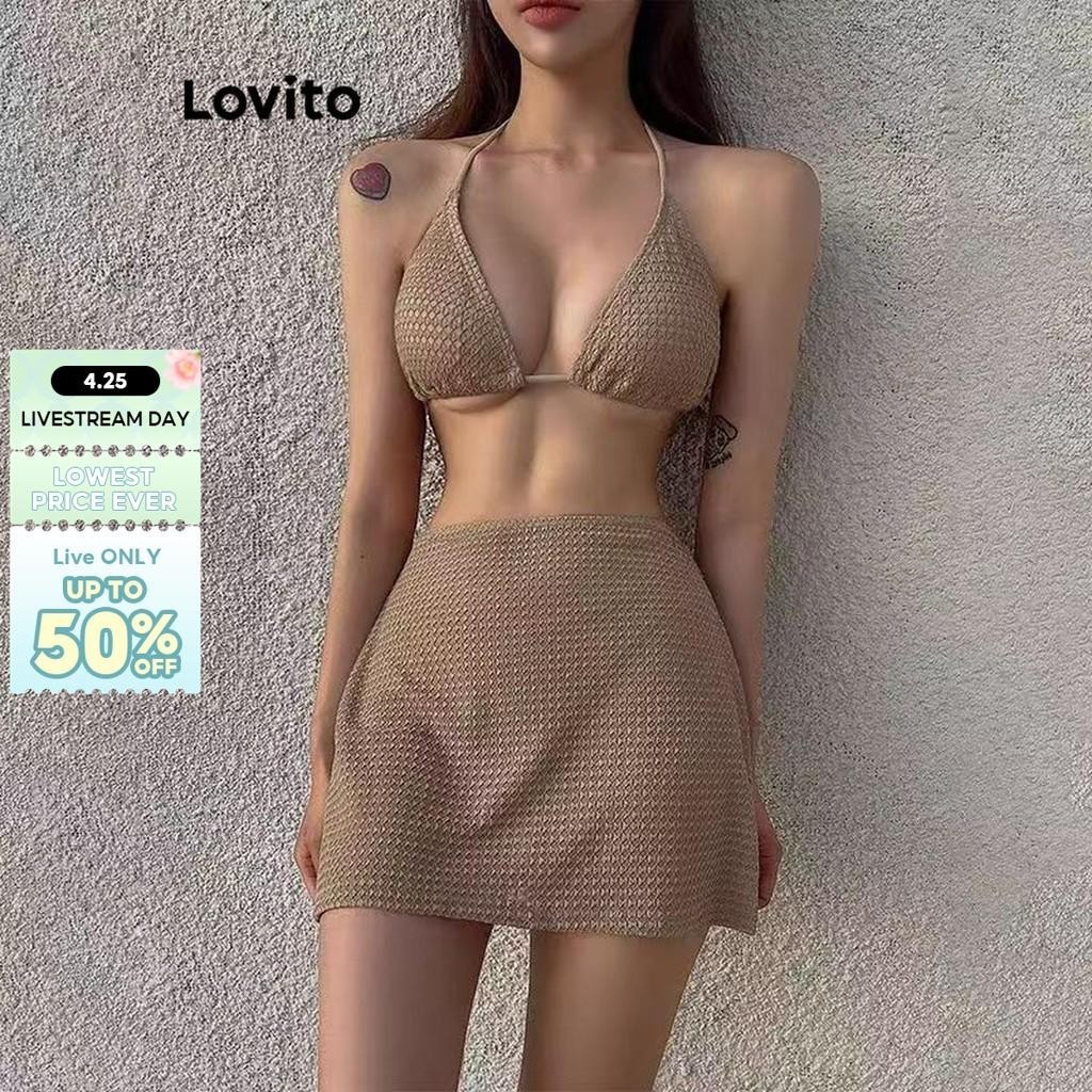 Lovito Women Sexy Bikini Sets Plain Tie Back Bikini Sets LNM
