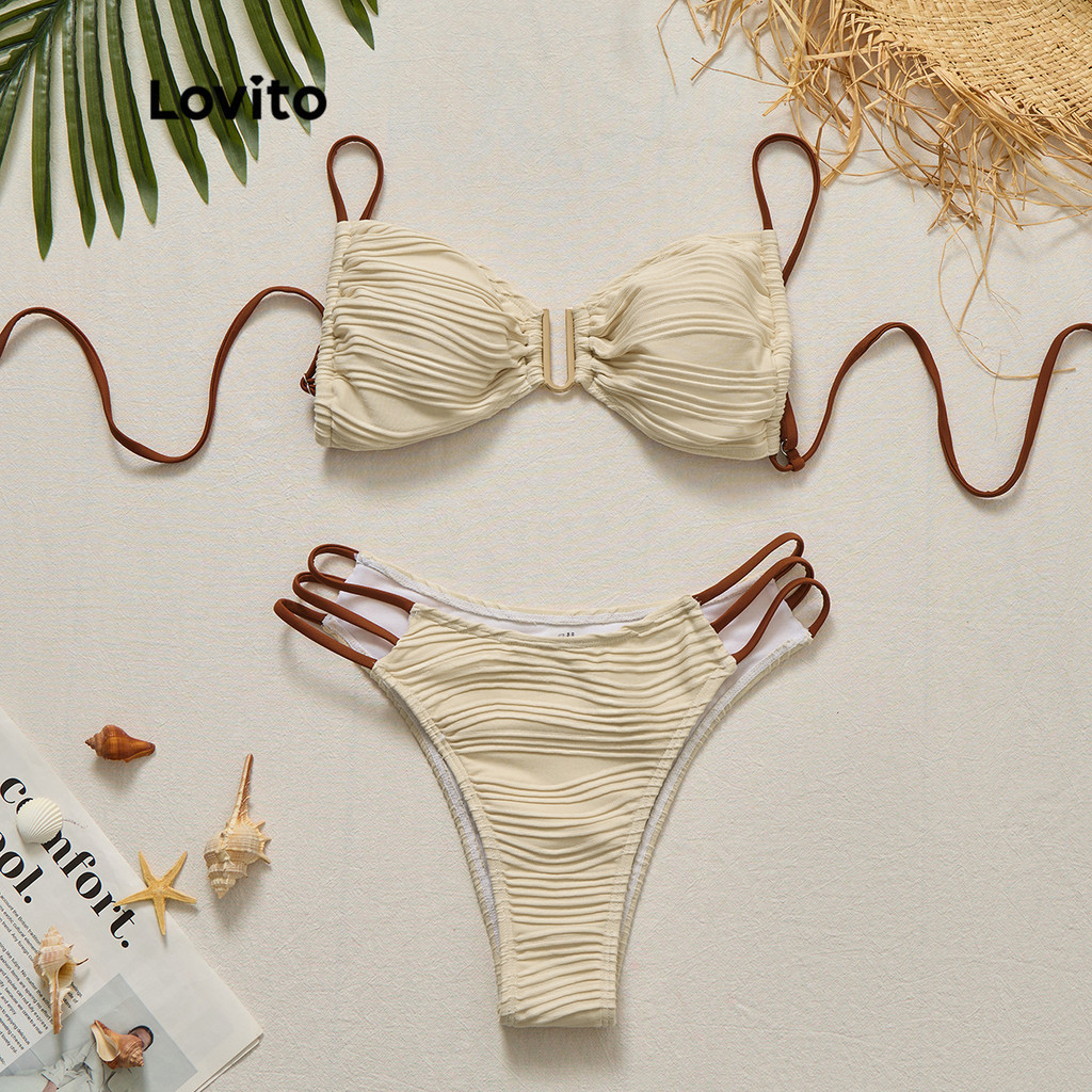 Lovito Women Boho Plain Lace Up Contrast Binding Bikini Sets LBL19723