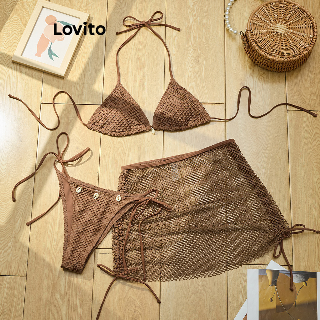 Lovito Women Boho Bikini Sets Plain Contrast Mesh Shell Bikini Sets