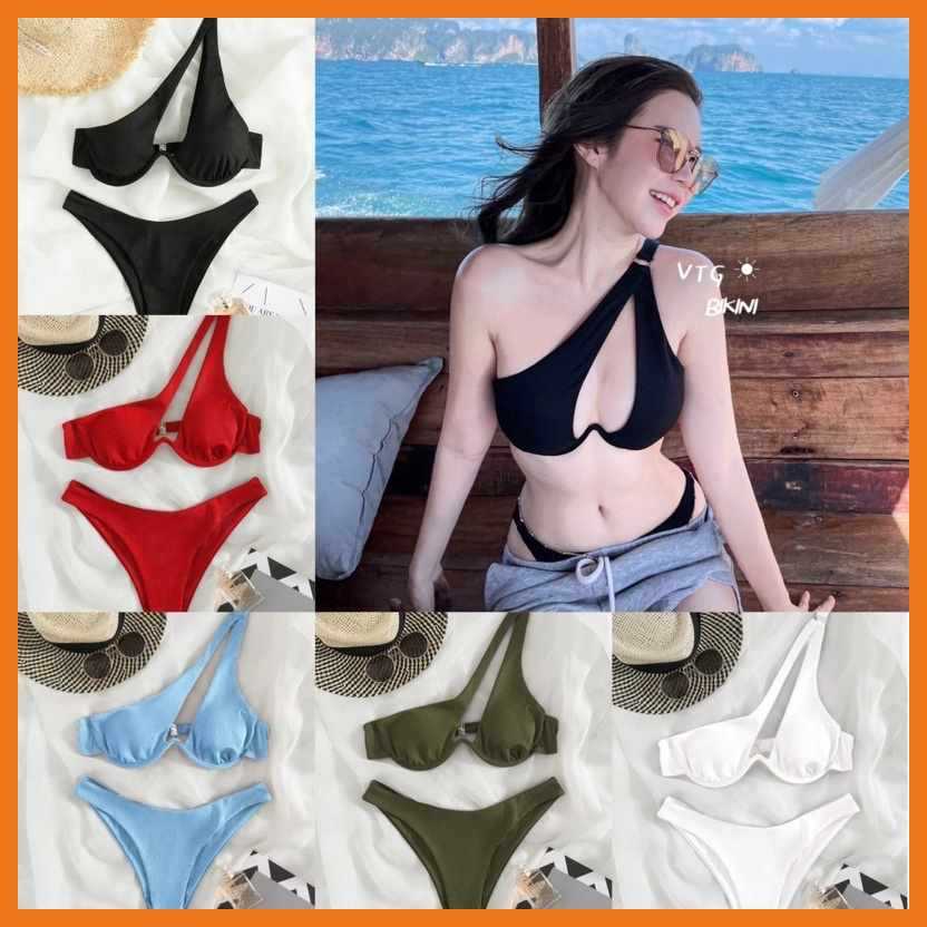 Women Sexy Ribbed Cut Out And One Shoulder Bikini Swimsuit Shopee