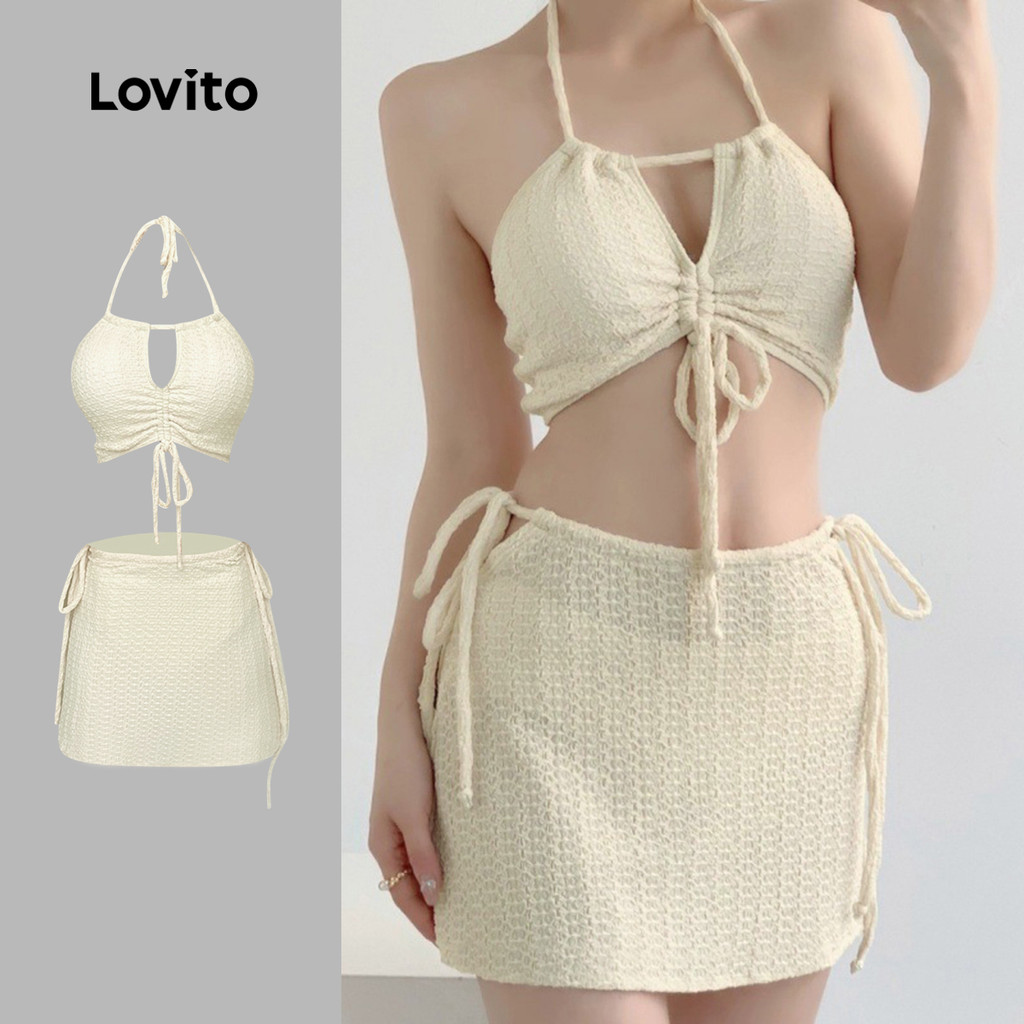 Lovito Sexy Bikini Sets Plain Tie Front Summer Spring Bikini Sets For