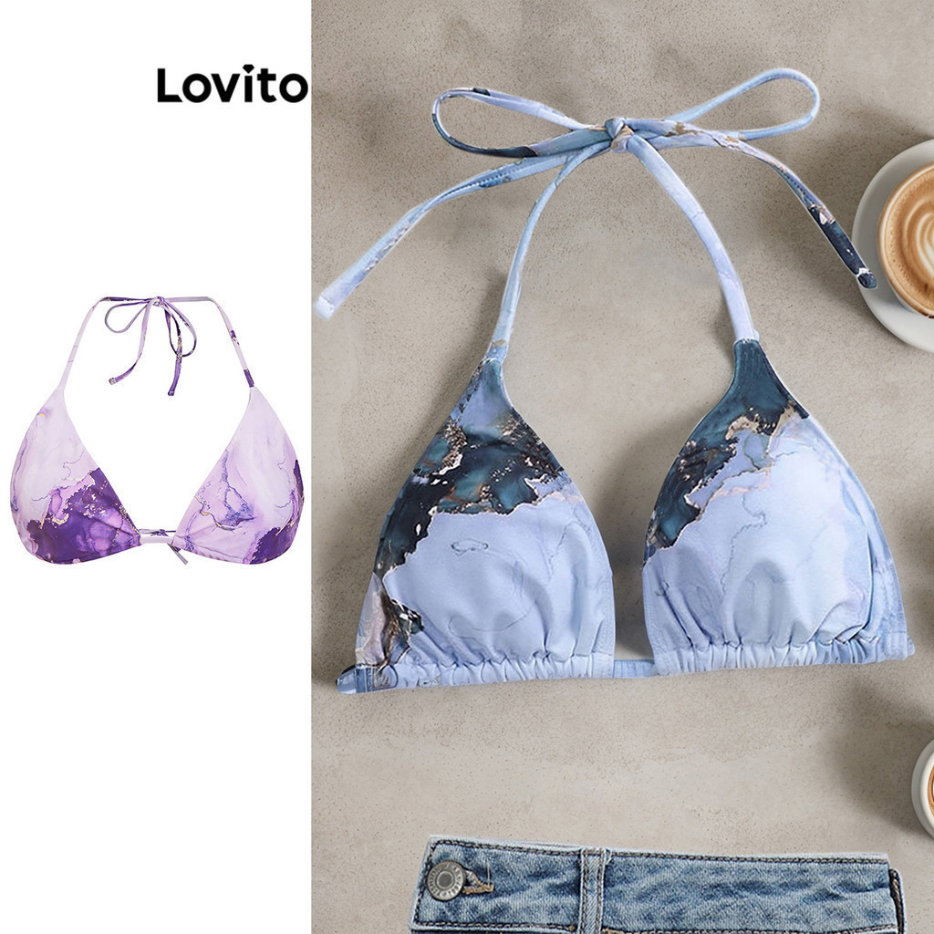 Lovito Women Sexy Bikini Top Marble Tie Back Bikini Top LNL41019 Multi